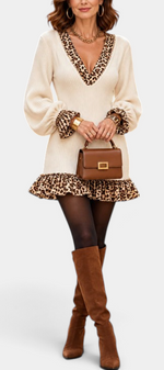 Mahaute short cream ribbed knit dress with leopard print ruffles, puff sleeves, and brown suede boots on a city street