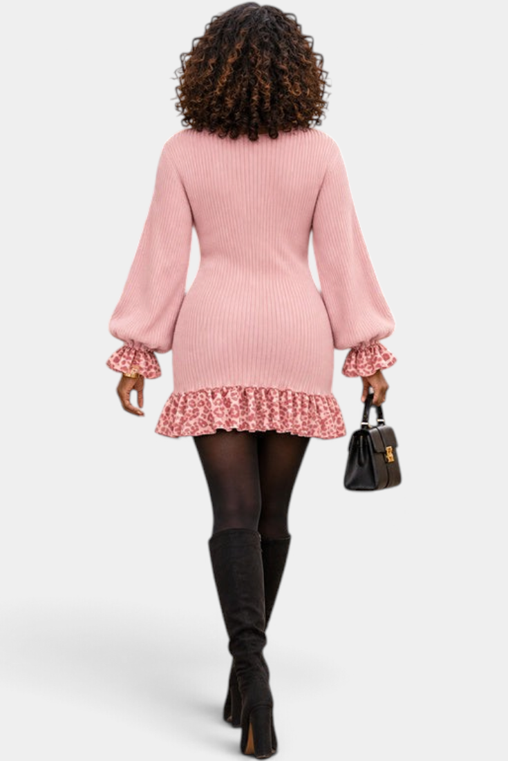 Mahaute Parven dusty pink ribbed knit mini dress with leopard print ruffled cuffs and hem, worn with black boots.