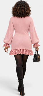 Mahaute Parven dusty pink ribbed knit mini dress with leopard print ruffled cuffs and hem, worn with black boots.