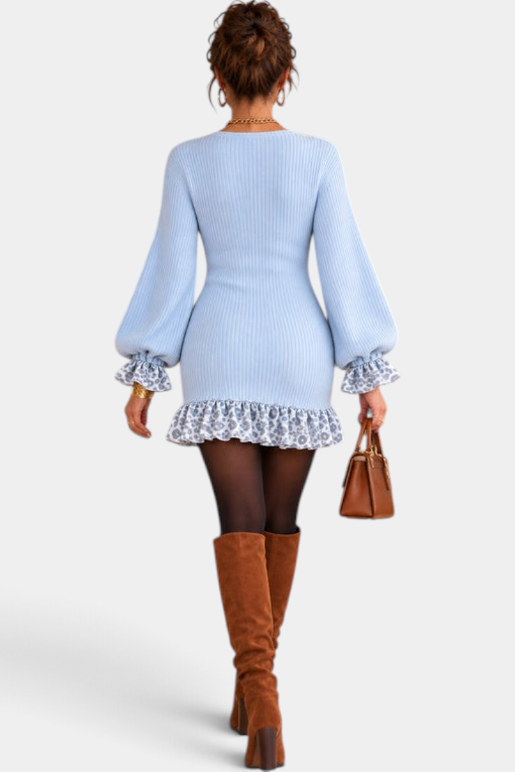 Mahaute light blue ribbed knit short dress with puff sleeves and leopard print ruffled hem, back view