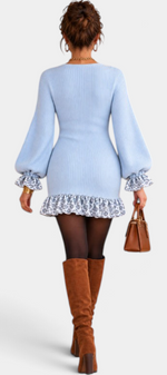 Mahaute light blue ribbed knit short dress with puff sleeves and leopard print ruffled hem, back view