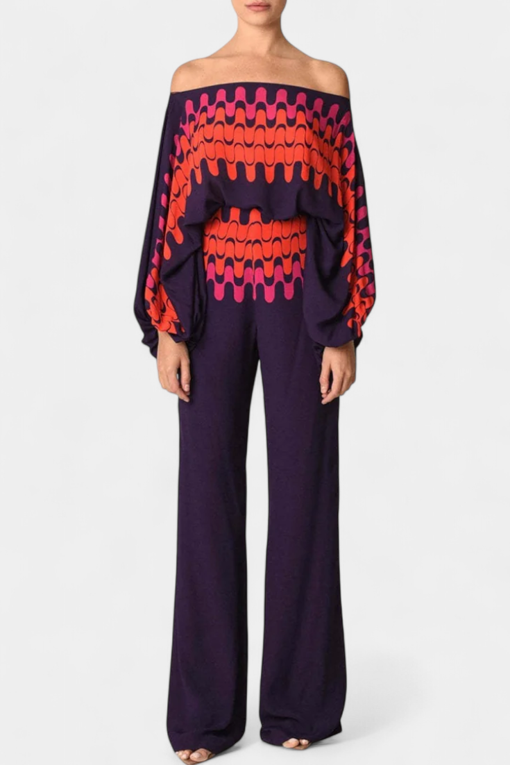 Sybella Ensemble à Haut Épaules Tombantes et Pantalon à Jambes Larges avec Imprimé Artistique