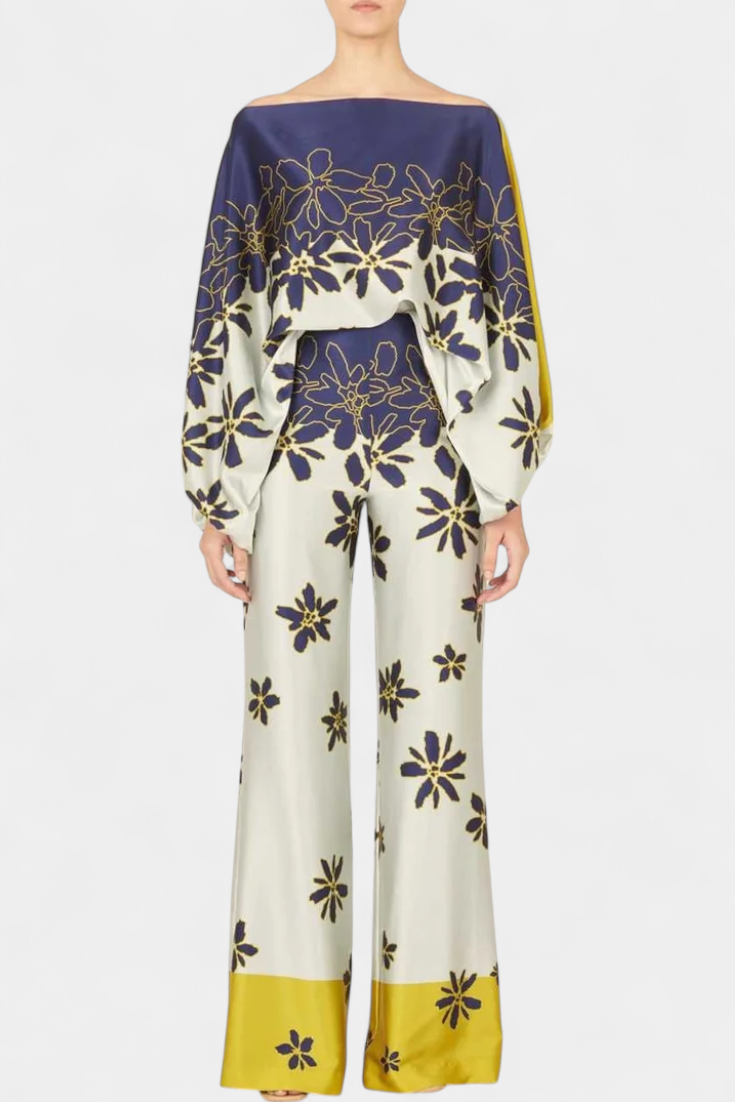 Sybella Ensemble à Haut Épaules Tombantes et Pantalon à Jambes Larges avec Imprimé Artistique