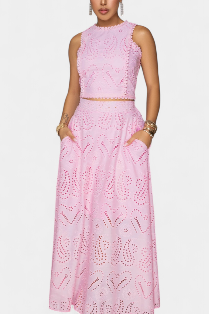 Danitza Ensemble Deux Pièces en Dentelle Florale à Top Court et Jupe Maxi