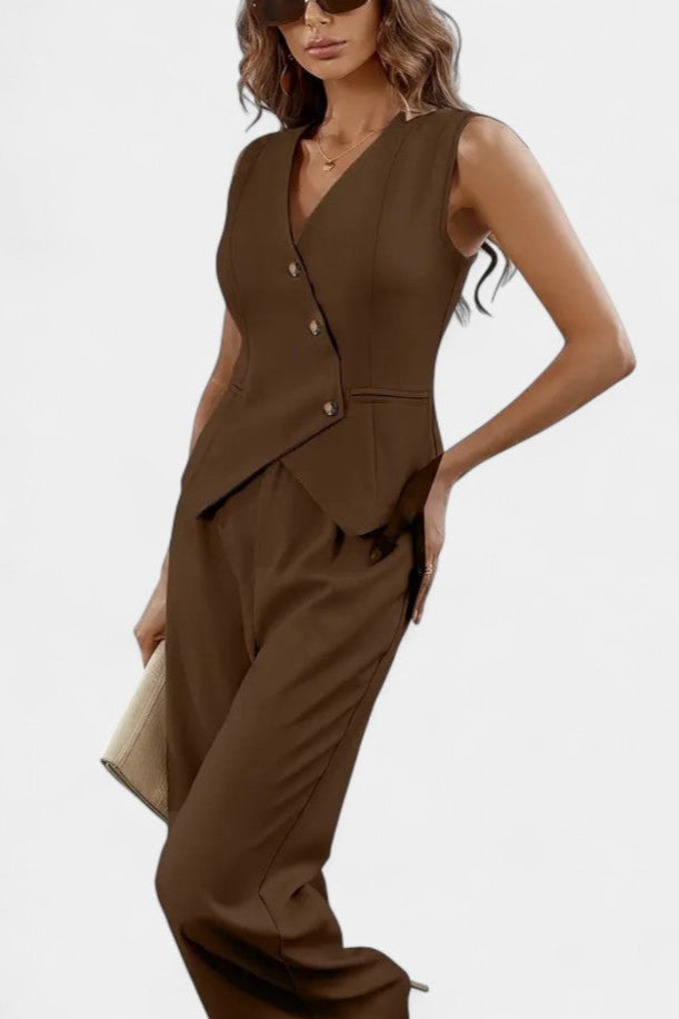 Heskia Ensemble avec Gilet Peplum Asymétrique et Pantalon Taille Haute