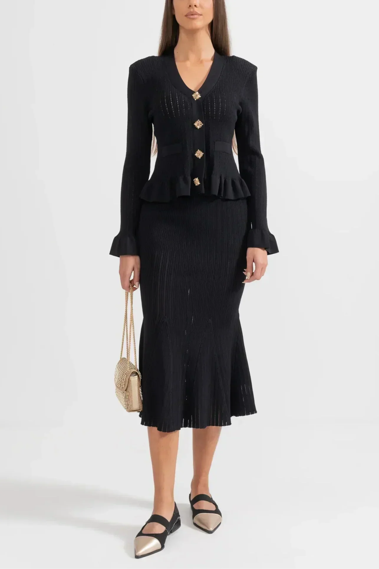 Prudence Ensemble en Maille avec Cardigan à Volants et Jupe Midi Évasée