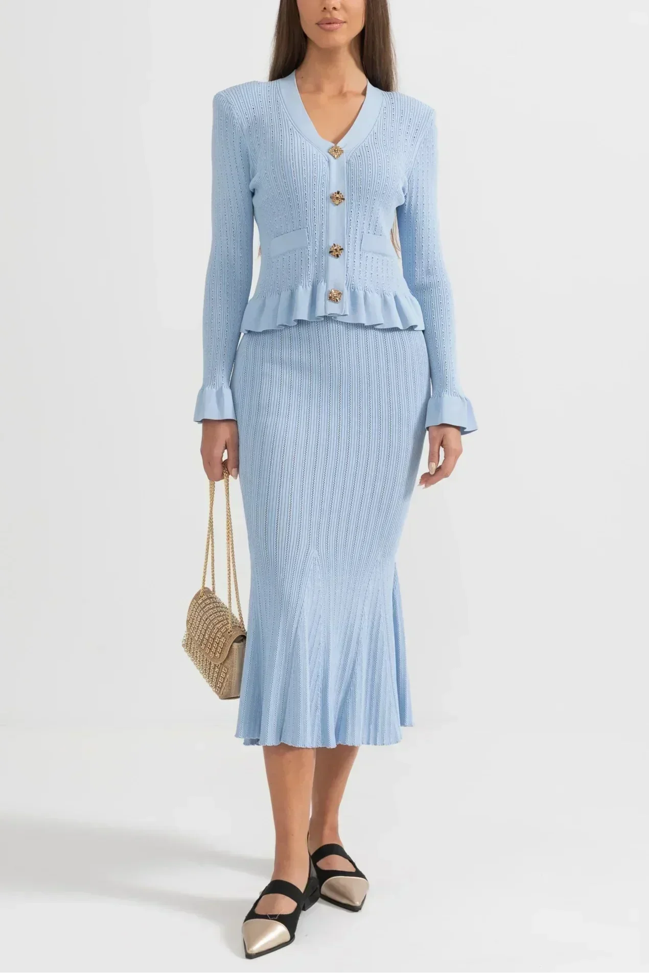 Prudence Ensemble en Maille avec Cardigan à Volants et Jupe Midi Évasée