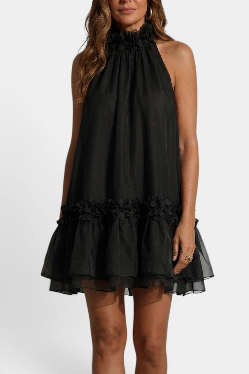 Tahnee - Vestido Corto con Cuello Alto y Volantes de Corte Evasé