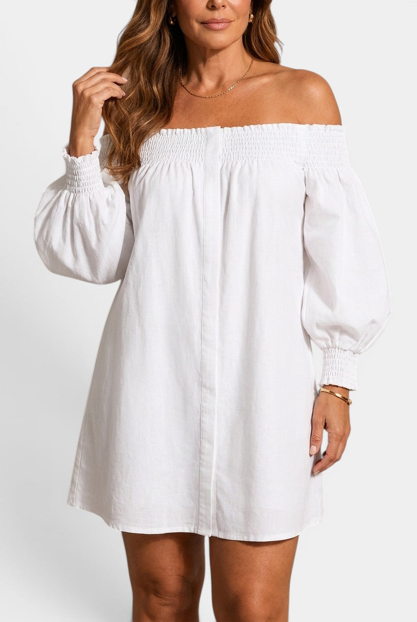Valentina - Robe Courte Épaules Dénudées Smockée Manches Bouffantes