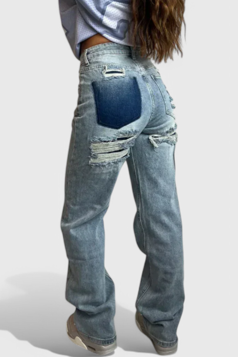 Roxy Jeans Vintage Déchirés à Taille Haute avec Poche Patchwork