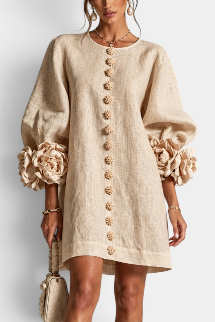 Aitana - Robe Courte en Mélange Coton-Lin à Boutons Fleuris & Manches 3D