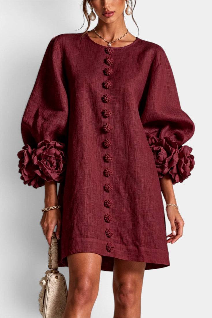Aitana - Robe Courte en Mélange Coton-Lin à Boutons Fleuris & Manches 3D
