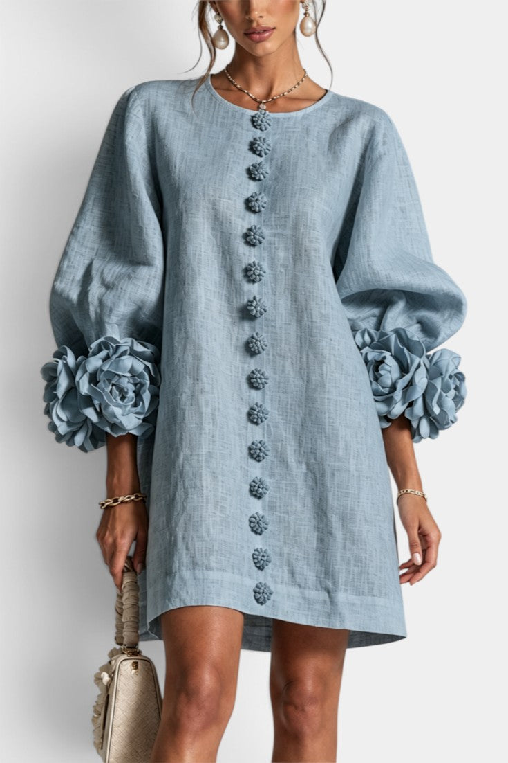 Aitana - Robe Courte en Mélange Coton-Lin à Boutons Fleuris & Manches 3D