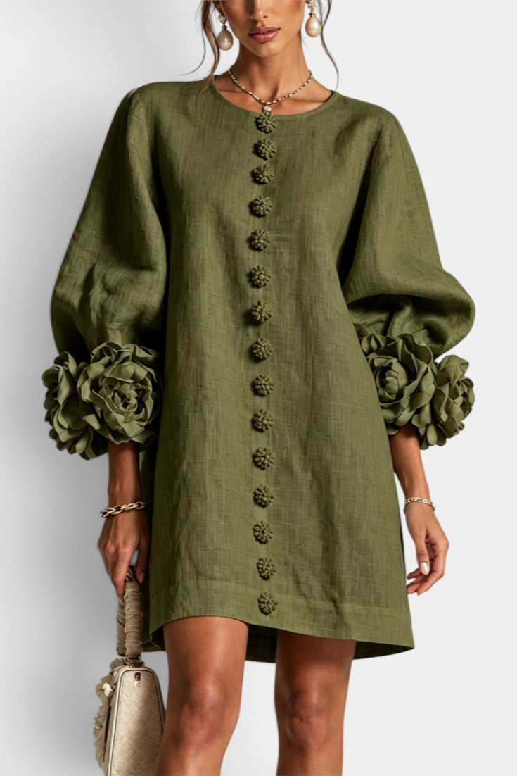 Aitana - Robe Courte en Mélange Coton-Lin à Boutons Fleuris & Manches 3D
