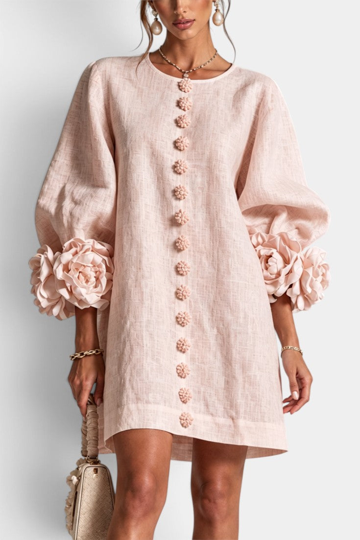 Aitana - Robe Courte en Mélange Coton-Lin à Boutons Fleuris & Manches 3D