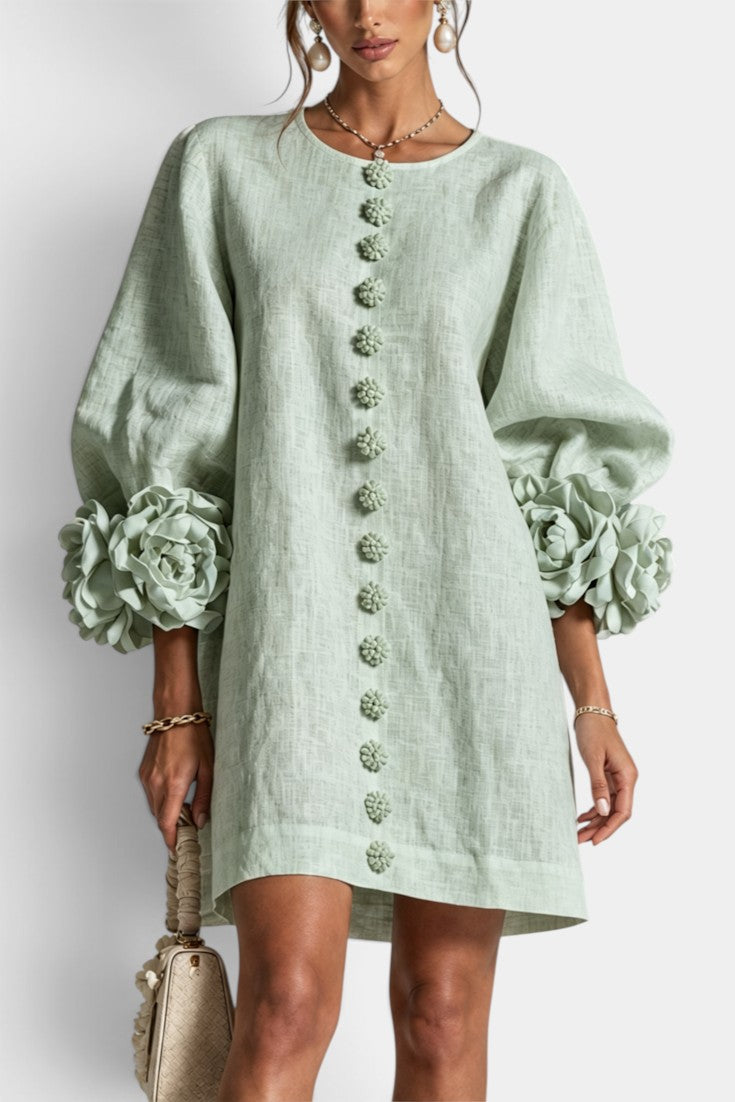 Aitana - Robe Courte en Mélange Coton-Lin à Boutons Fleuris & Manches 3D