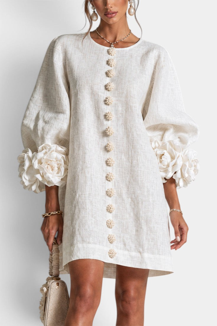 Aitana - Robe Courte en Mélange Coton-Lin à Boutons Fleuris & Manches 3D