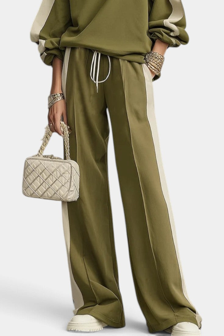 Ensemble deux pièces Mahaute Alix avec sweat et pantalon large à bandes contrastées, mode décontractée et tendance.