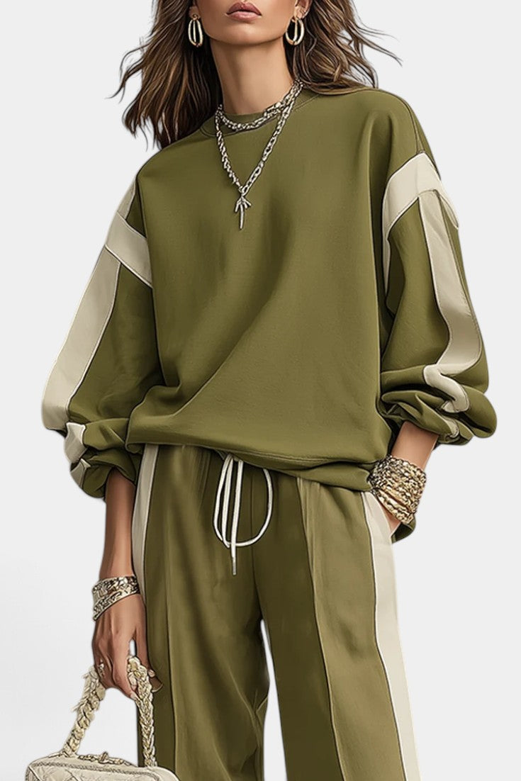 Ensemble deux pièces Mahaute Alix, sweat à capuche et pantalon large à bandes contrastées, mode décontractée pour femmes.