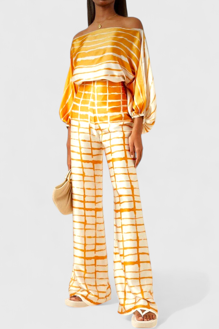 Sybella Ensemble à Haut Épaules Tombantes et Pantalon à Jambes Larges avec Imprimé Artistique