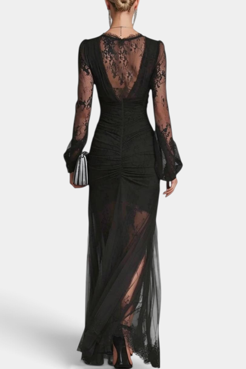 Mahaute Christabel black long lace evening gown with sheer floral sleeves, ruched bodice, and high slit, back view