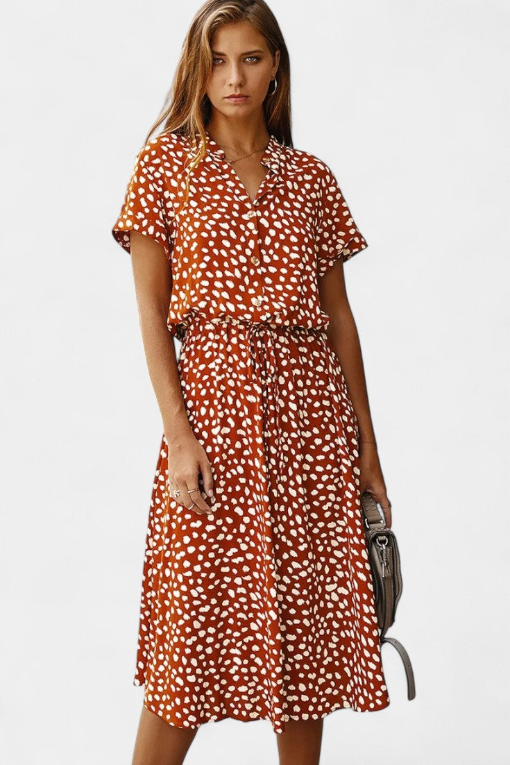 Robe Midi à Pois Rovena avec Col Chemisier et Taille Réglable