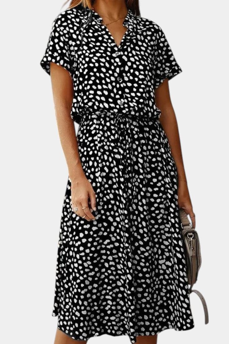 Robe Midi à Pois Rovena avec Col Chemisier et Taille Réglable