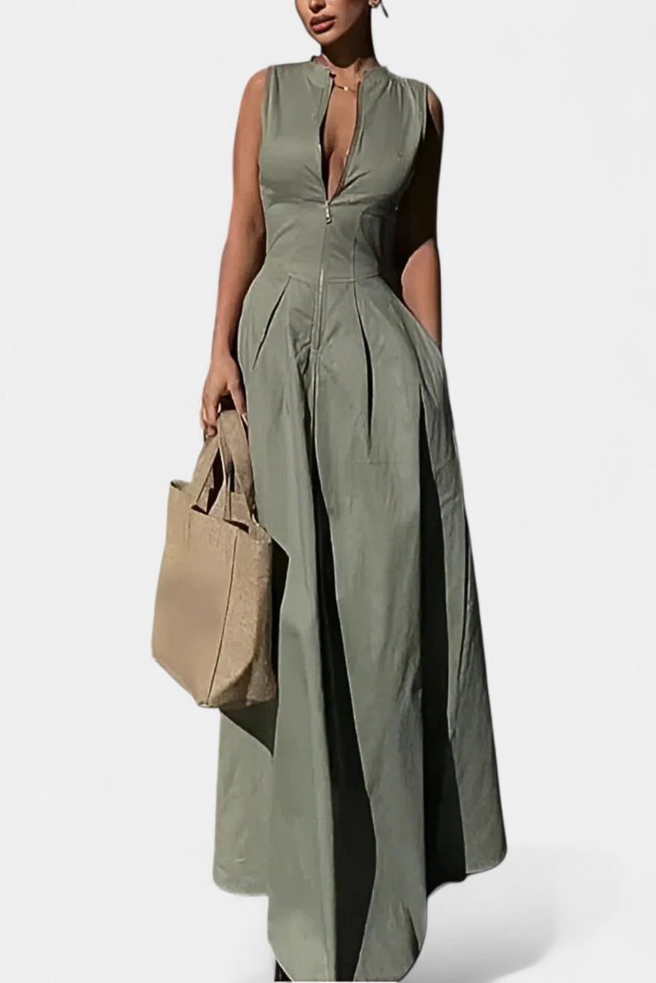 Blanca Combinaison à Col Rond et Jambes Larges Plissées