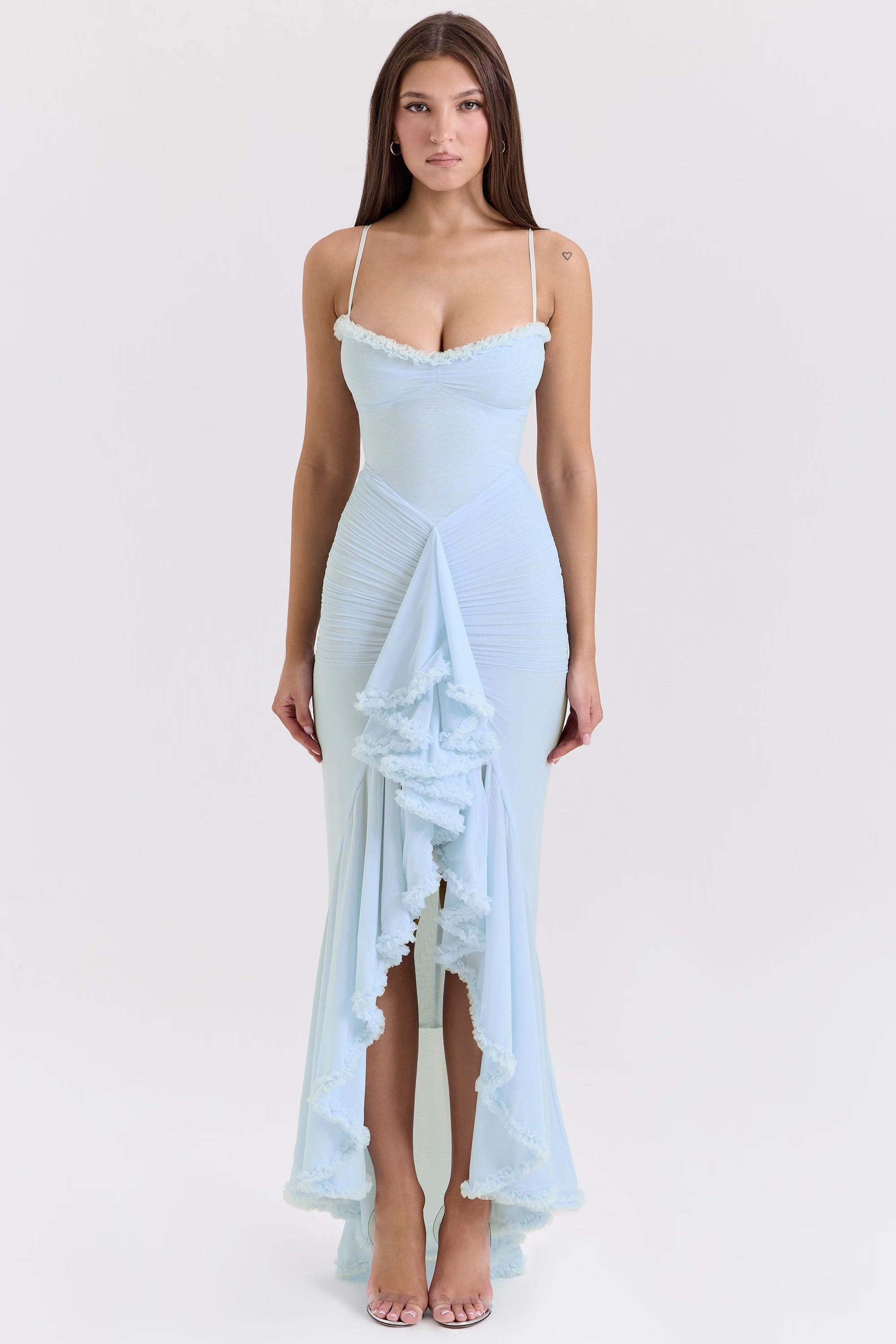 Roxanne Robe Maxi Bustier à Décolleté Cœur et Jupe à Volants