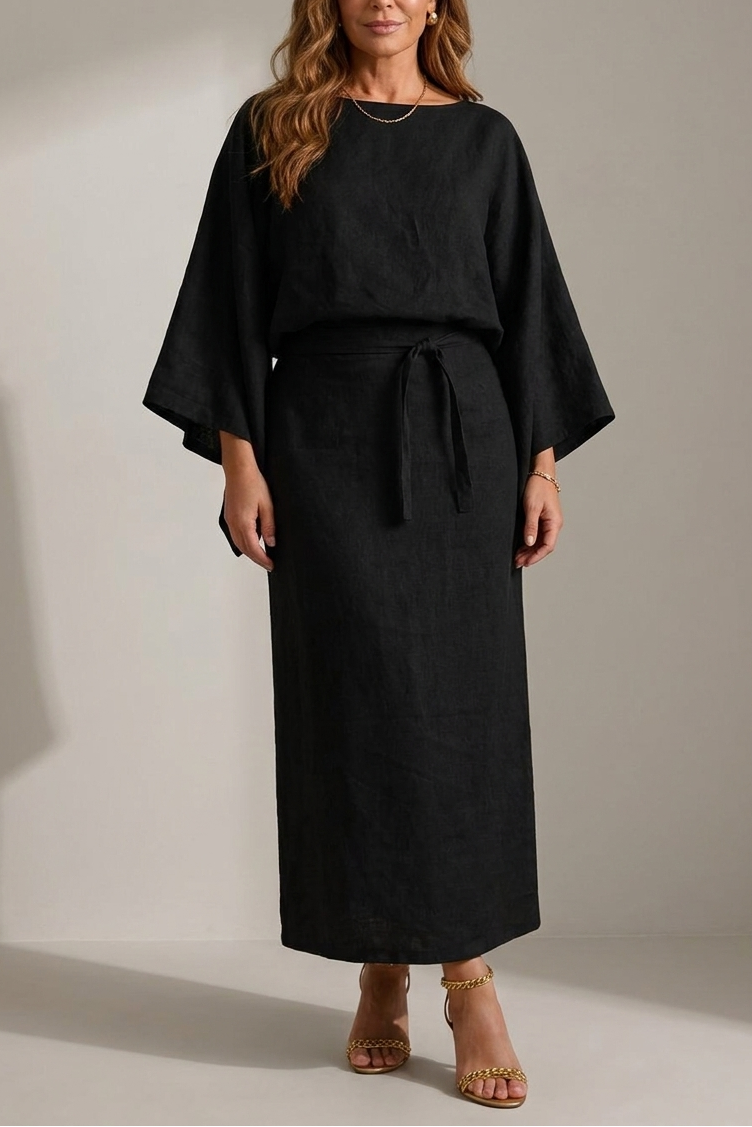 Kamilia - Robe Mi-Longue Kimono en Lin et Coton Décolleté Croisé Manches Amples