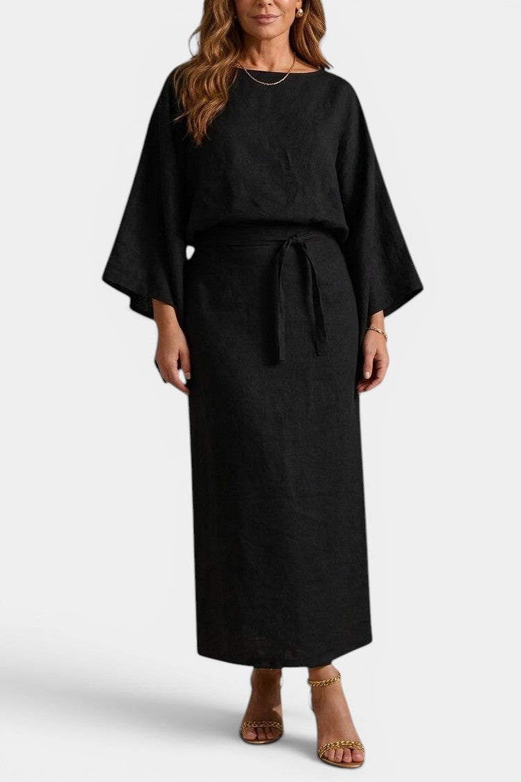 Kamilia - Robe Mi-Longue Kimono en Lin et Coton Décolleté Croisé Manches Amples