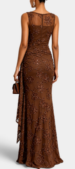 Mahaute Giuditta brown floor-length evening gown with floral sequins, sheer tulle neckline and asymmetric hip drape.