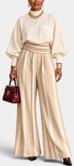 Mahaute Orlianne beige blouse with puff sleeves and high-waisted wide-leg striped trousers