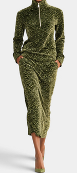 Mahaute Avdotya olive green animal print velvet two-piece set with zip-up mock neck top and midi skirt