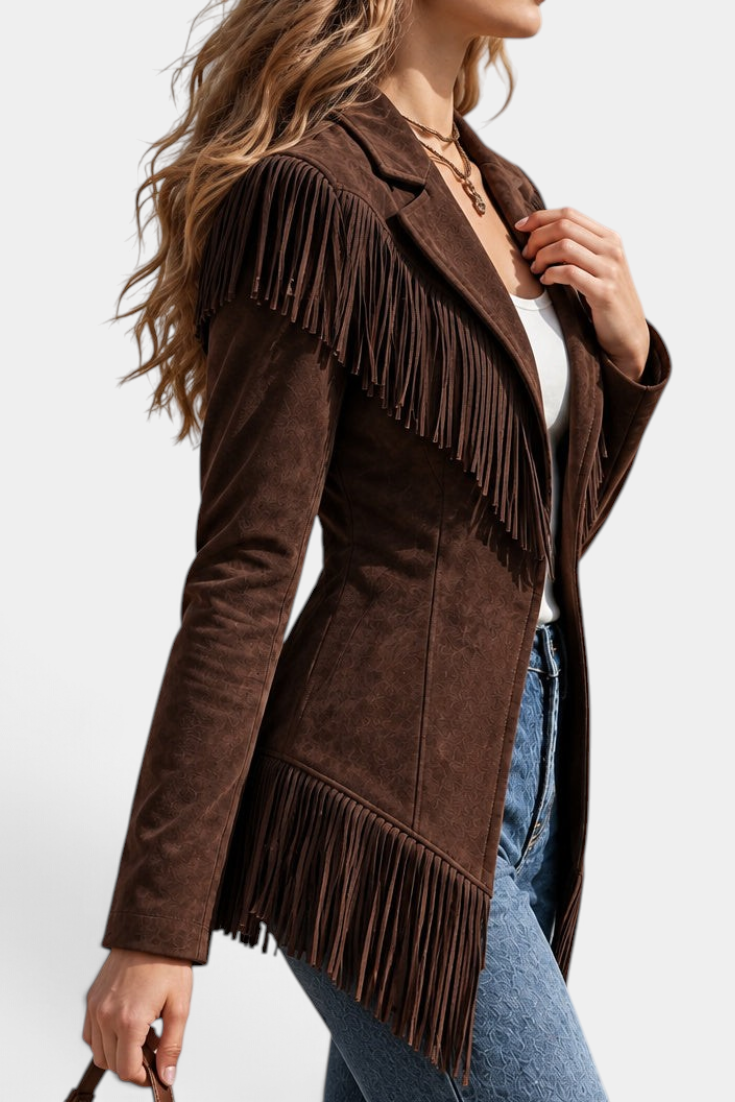 Mahaute Emberelle brown faux suede fitted jacket with long fringe detailing and a classic tailored collar.