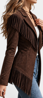 Mahaute Emberelle brown faux suede fitted jacket with long fringe detailing and a classic tailored collar.