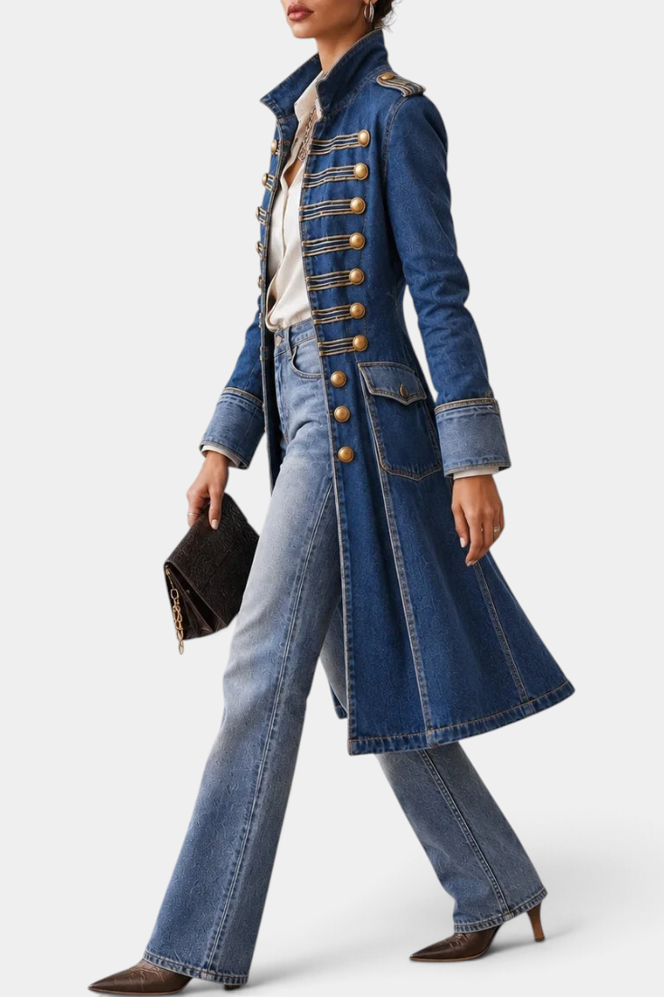 Mahaute mid-length blue denim jacket with military-inspired gold button detailing and structured collar.