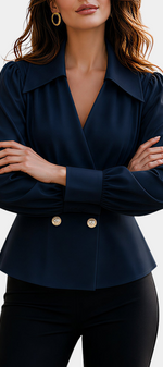 Mahaute navy blue tailored blouse with crossover neckline, gold buttons, and long puff sleeves.