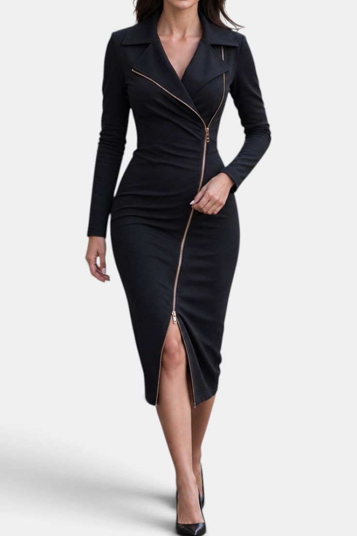 Mahaute Darelle black midi dress with structured lapel collar, long sleeves, and an asymmetrical gold front zipper.