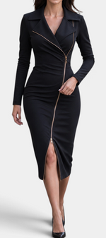 Mahaute Darelle black midi dress with structured lapel collar, long sleeves, and an asymmetrical gold front zipper.