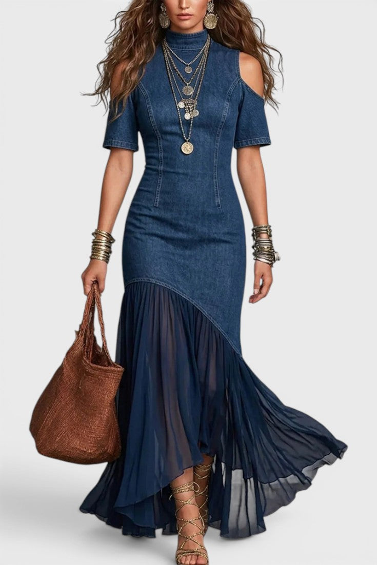 Philippine - Robe Longue en Jean Épaules Dénudées Col Montant Ourlet Asymétrique Voile Fluide