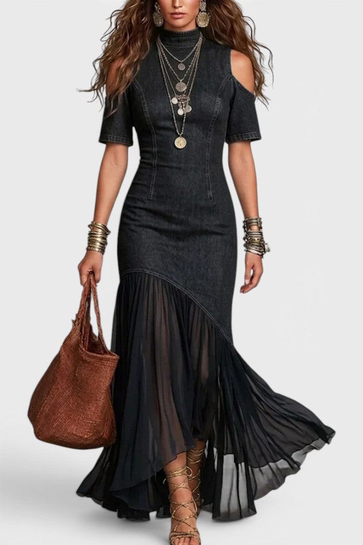 Philippine - Robe Longue en Jean Épaules Dénudées Col Montant Ourlet Asymétrique Voile Fluide