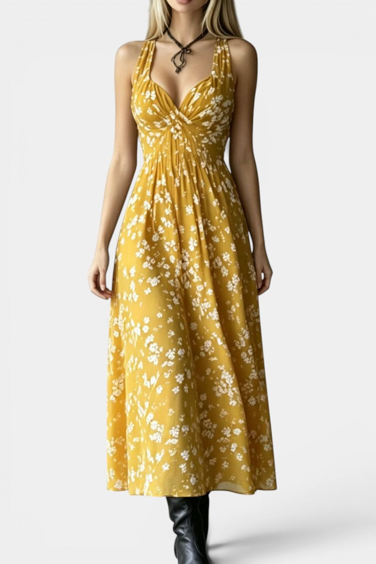 Mireille - Robe Longue Bretelles Nuque Col V Froncé Imprimé Fleuri Liberty Ourlet Asymétrique