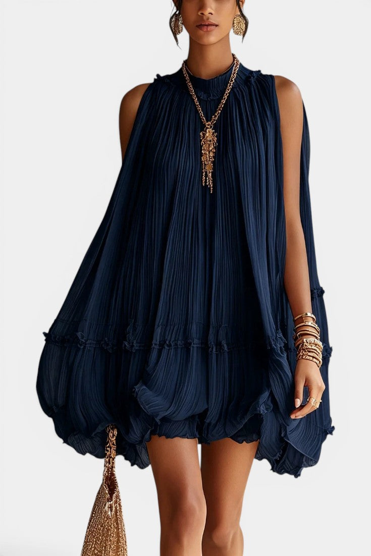 Yasmina - Robe Courte Col Montant Plissée Coupe Trapèze Ourlet Ballon