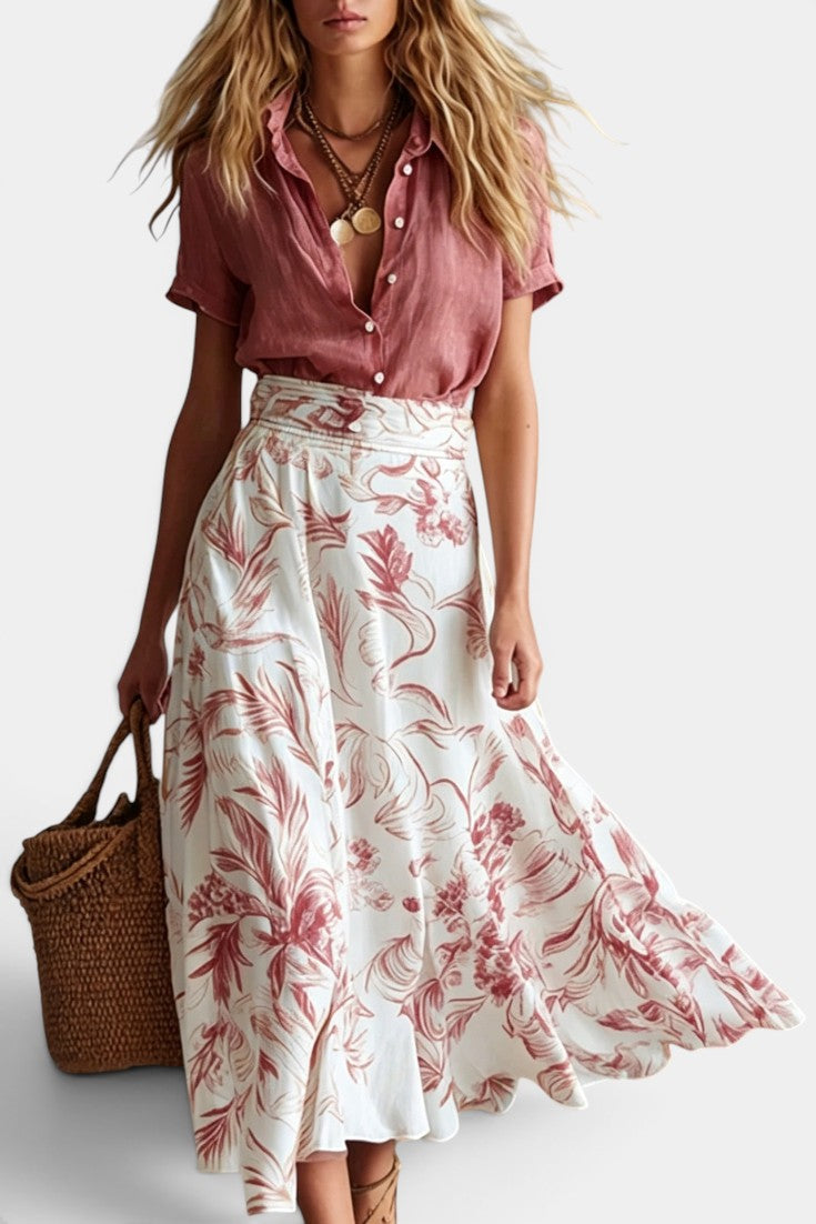 Leilani - Jupe Longue Taille Smockée Print Tropical Évasée Midi