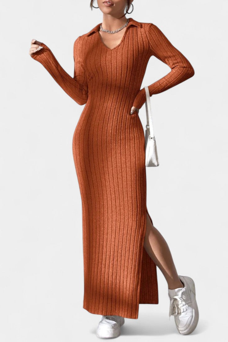 Élidia Robe Maxi Fendue à Col en V et Silhouette Ajustée