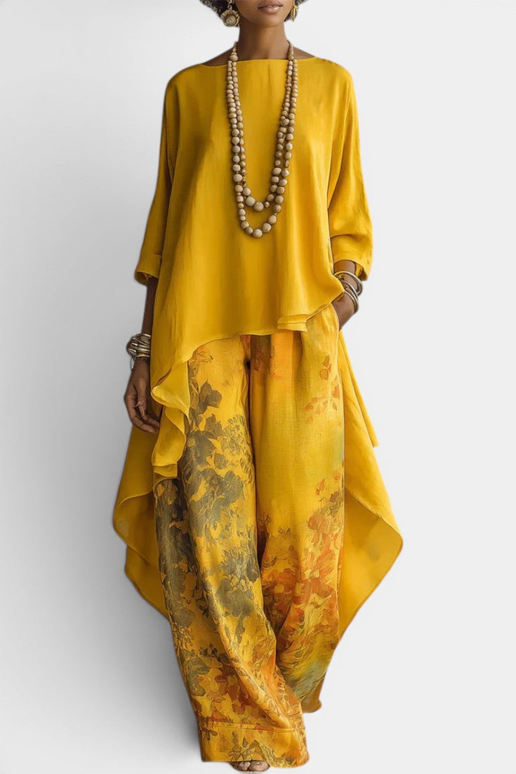 Sage Ensemble Deux Pièces Col Rond Top Asymétrique & Pantalon Large Imprimé Floral