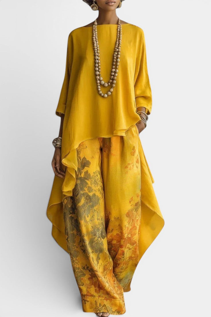 Sage - Ensemble Deux Pièces Col Rond Top Asymétrique & Pantalon Large Imprimé Floral