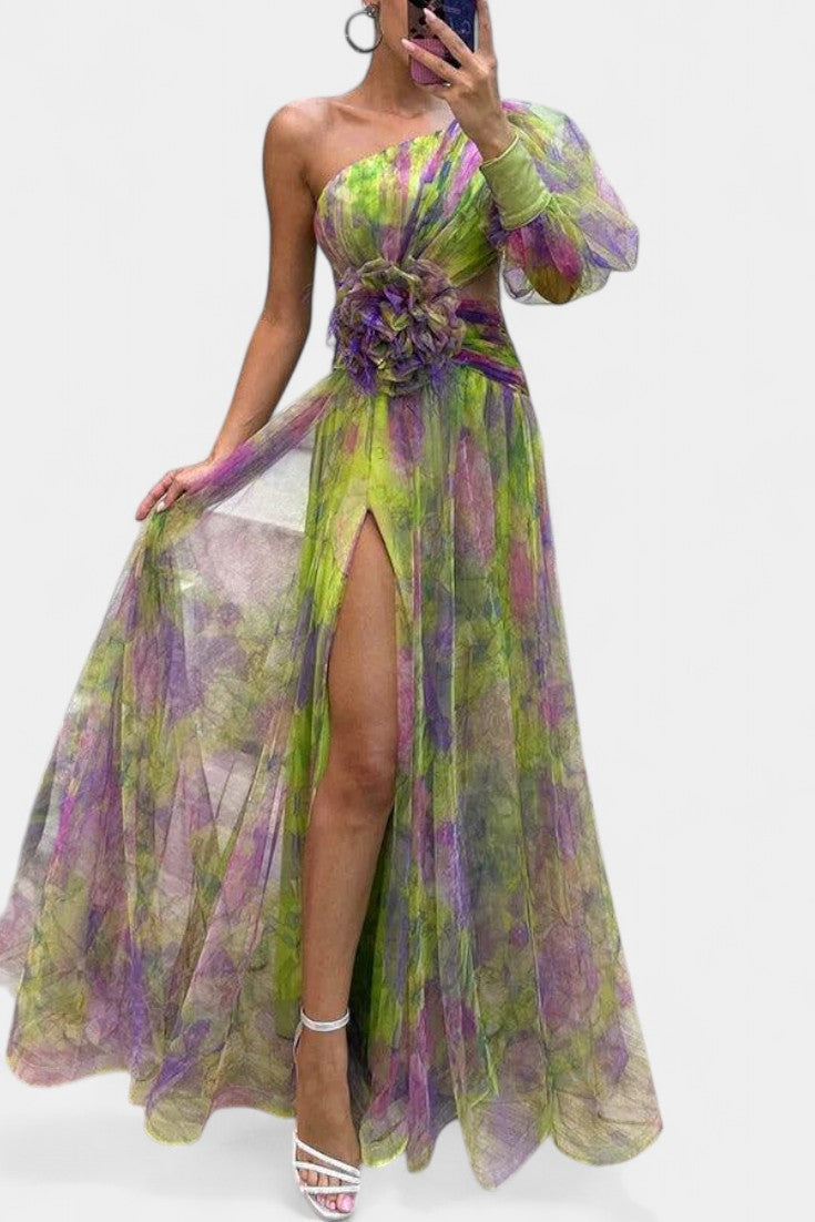 Amelie Robe Asymétrique à Imprimé Aquarelle et Détail Floral