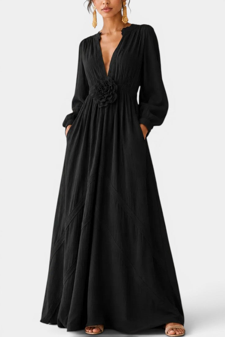 Maëlou - Robe Longue Col V Profond Manches Bouffantes Ceinture Élastique Fleur 3D Poches